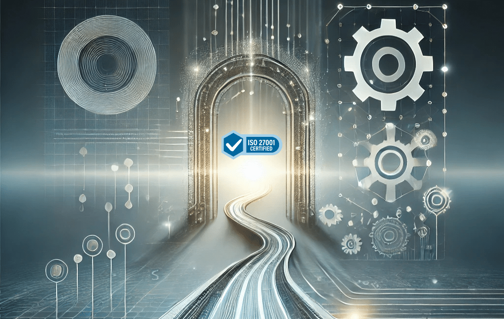 Ilustración abstracta y futurista que representa el camino hacia la certificación ISO. Un sendero iluminado se extiende hacia un portal brillante, simbolizando el logro y la excelencia empresarial. Elementos sutiles como engranajes, redes digitales y escudos de seguridad evocan estándares clave como la seguridad de la información, la continuidad del negocio, la ciberseguridad y la gestión de riesgos.