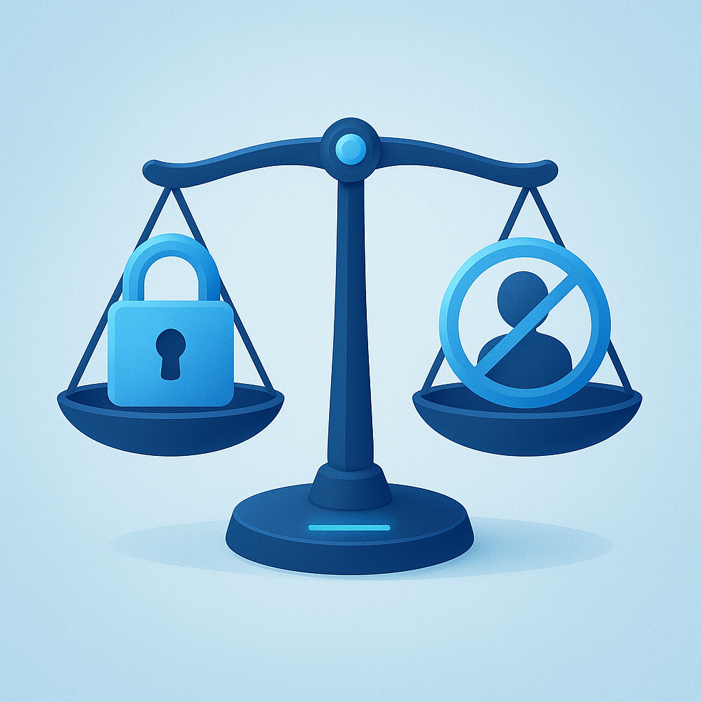 Ilustración digital de una balanza que compara privacidad y seguridad con íconos de candado y perfil tachado.