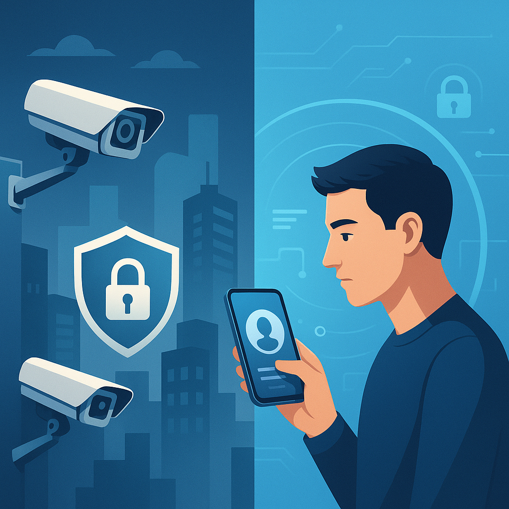 Ilustración digital dividida entre una ciudad vigilada con cámaras y un joven usando su teléfono para proteger su privacidad.